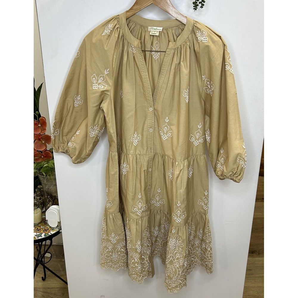 Shoshanna Women's‎ 3/4 Sleeve Puff Mini Dress Khaki Oversized Size S Embroidered